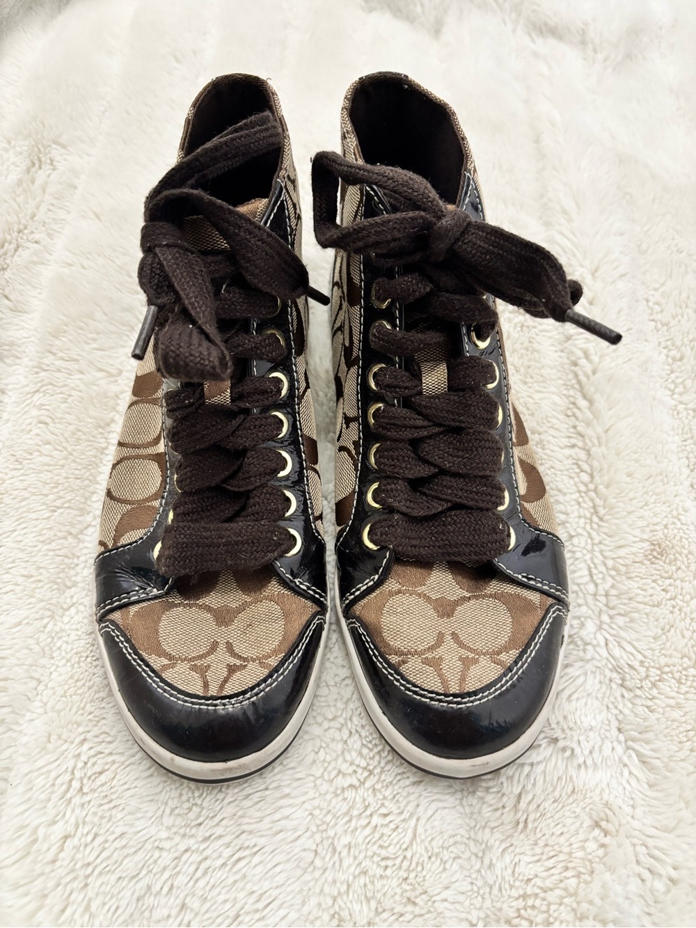 Coach High-Top Signature Canvas Sneakers in Tan and Dark Brown Size 7.5 - Picture 2 of 14